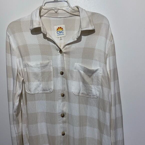 C&C California Women's Tan White Plaid Long Sleeve Button Up Shirt Medium NWT - Picture 4 of 10